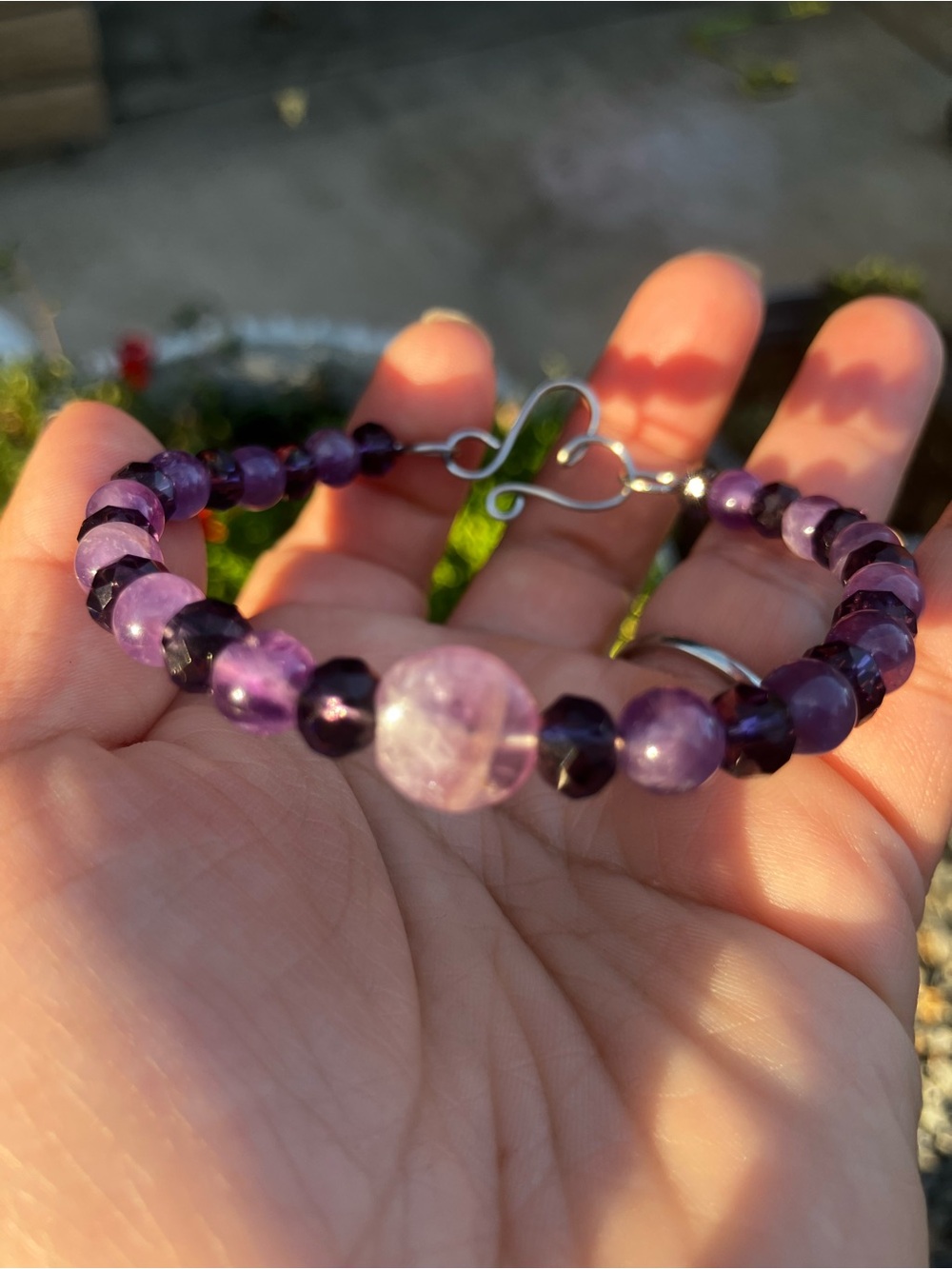 Handmade Amethyst Beaded Faceted Dark Purple Glass Stainless Steel Bracelet